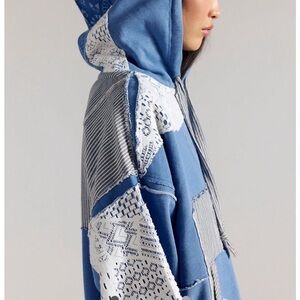 Free People Blue and White Patchwork Hoodie
